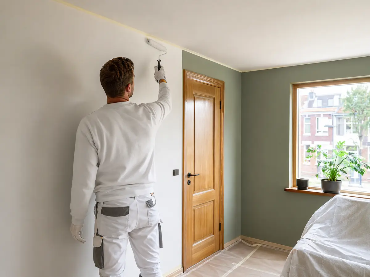 Binnenschilder werkt zorgvuldig aan een strak afgewerkte wand