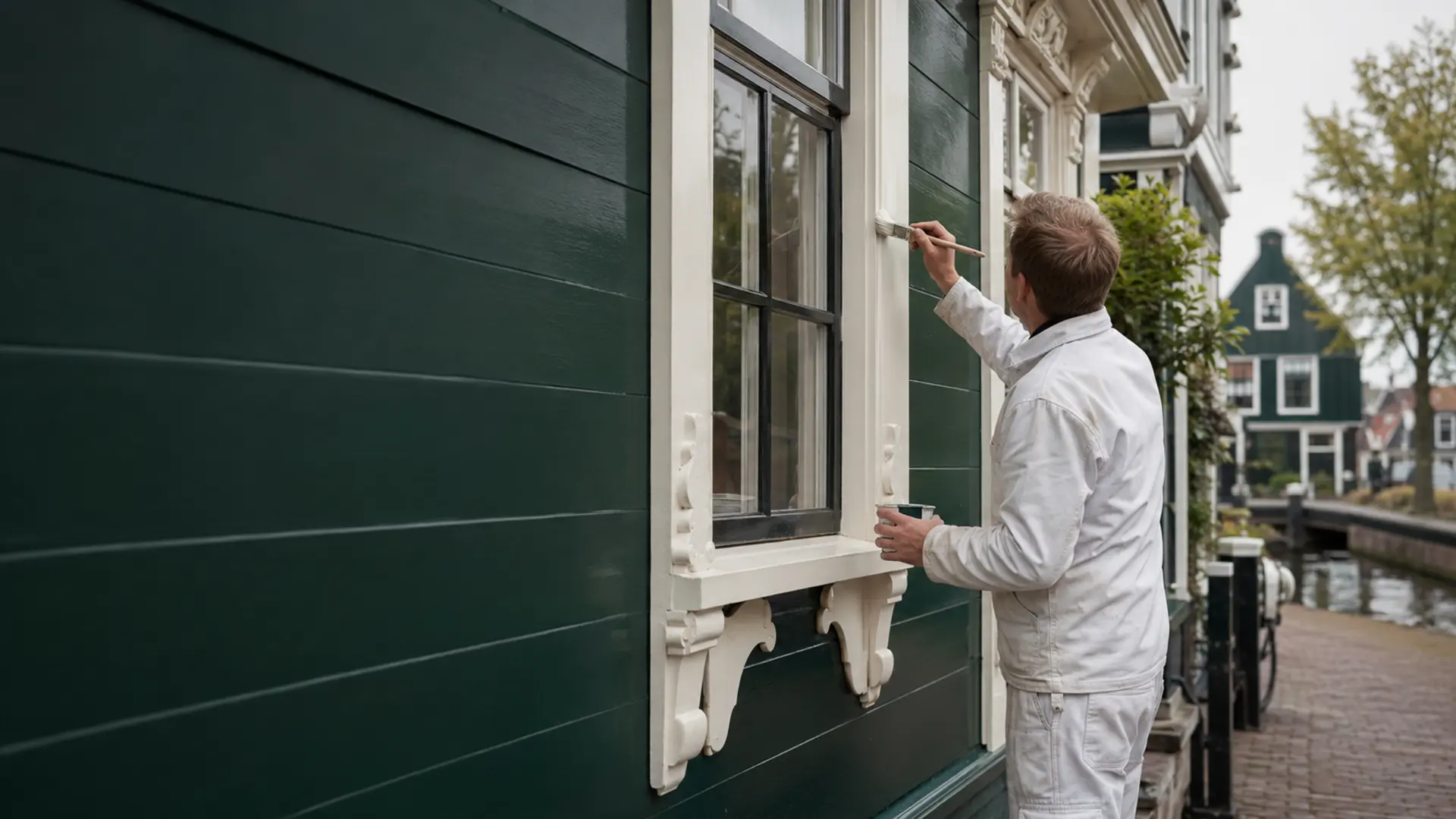 Schilderwerk aan wit houten kozijn van een groene Zaanse gevel